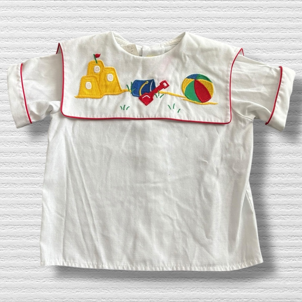 Embroidered Applique Sandcastle Bib Beach Top 2T Vintage 80s Ashton Connor
